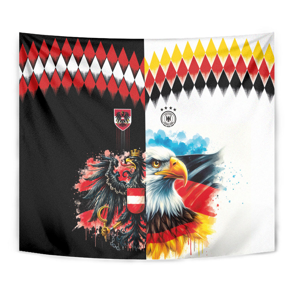 Austria and Germany National Football Tapestry Split Half Diamond Argyle with Eagles Watercolor Paint Splash Art