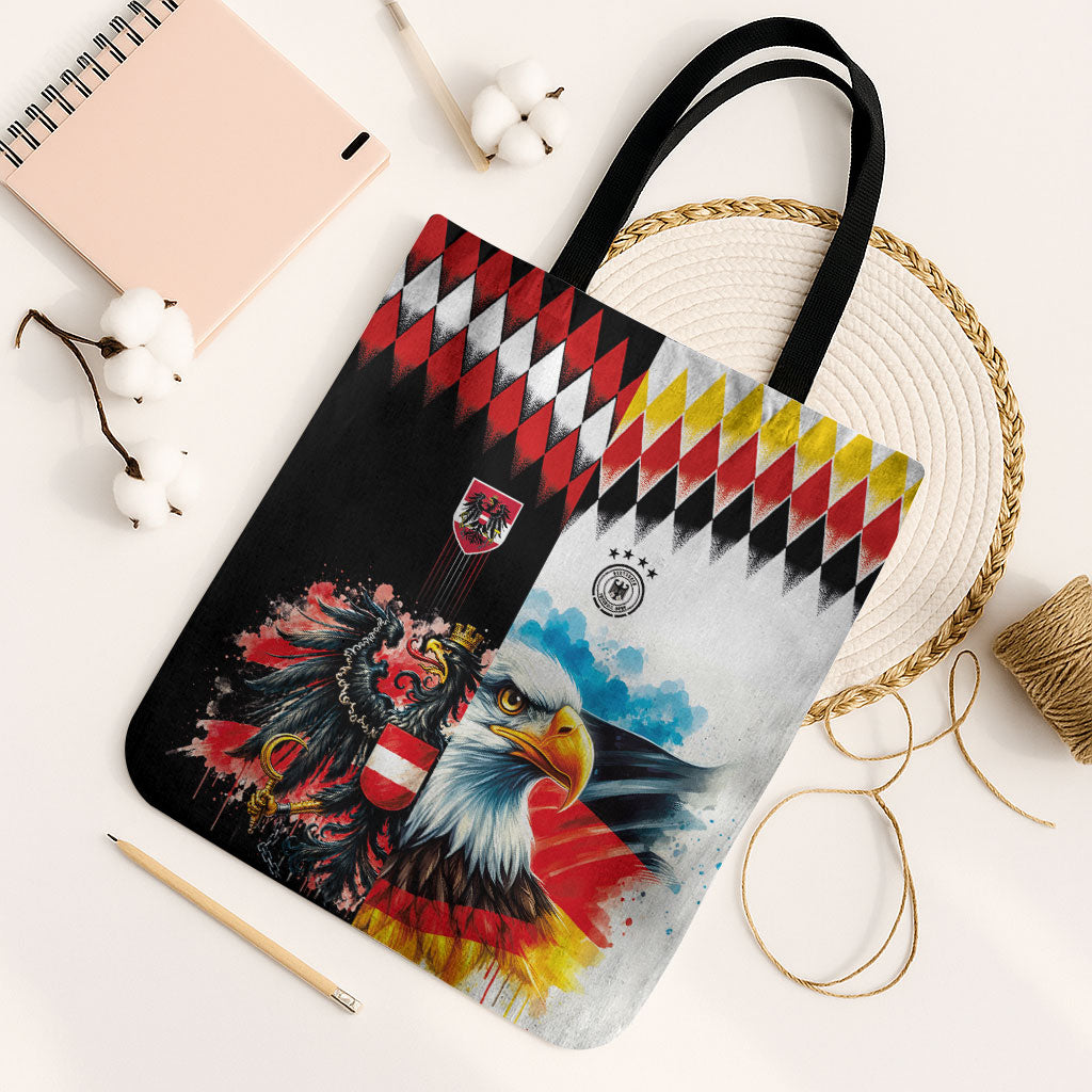 Austria and Germany National Football Tote Bag Split Half Diamond Argyle with Eagles Watercolor Paint Splash Art