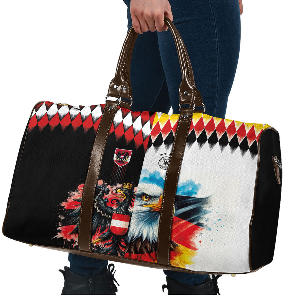 Austria and Germany National Football Travel Bag Split Half Diamond Argyle with Eagles Watercolor Paint Splash Art