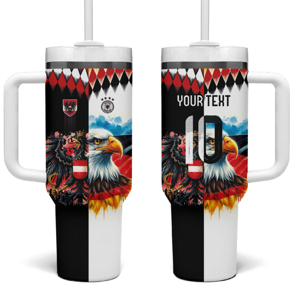 Custom Austria and Germany National Football Tumbler With Handle Split Half Diamond Argyle with Eagles Watercolor Paint Splash Art