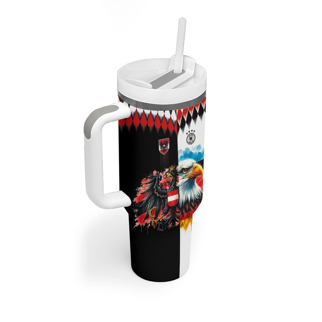 Custom Austria and Germany National Football Tumbler With Handle Split Half Diamond Argyle with Eagles Watercolor Paint Splash Art