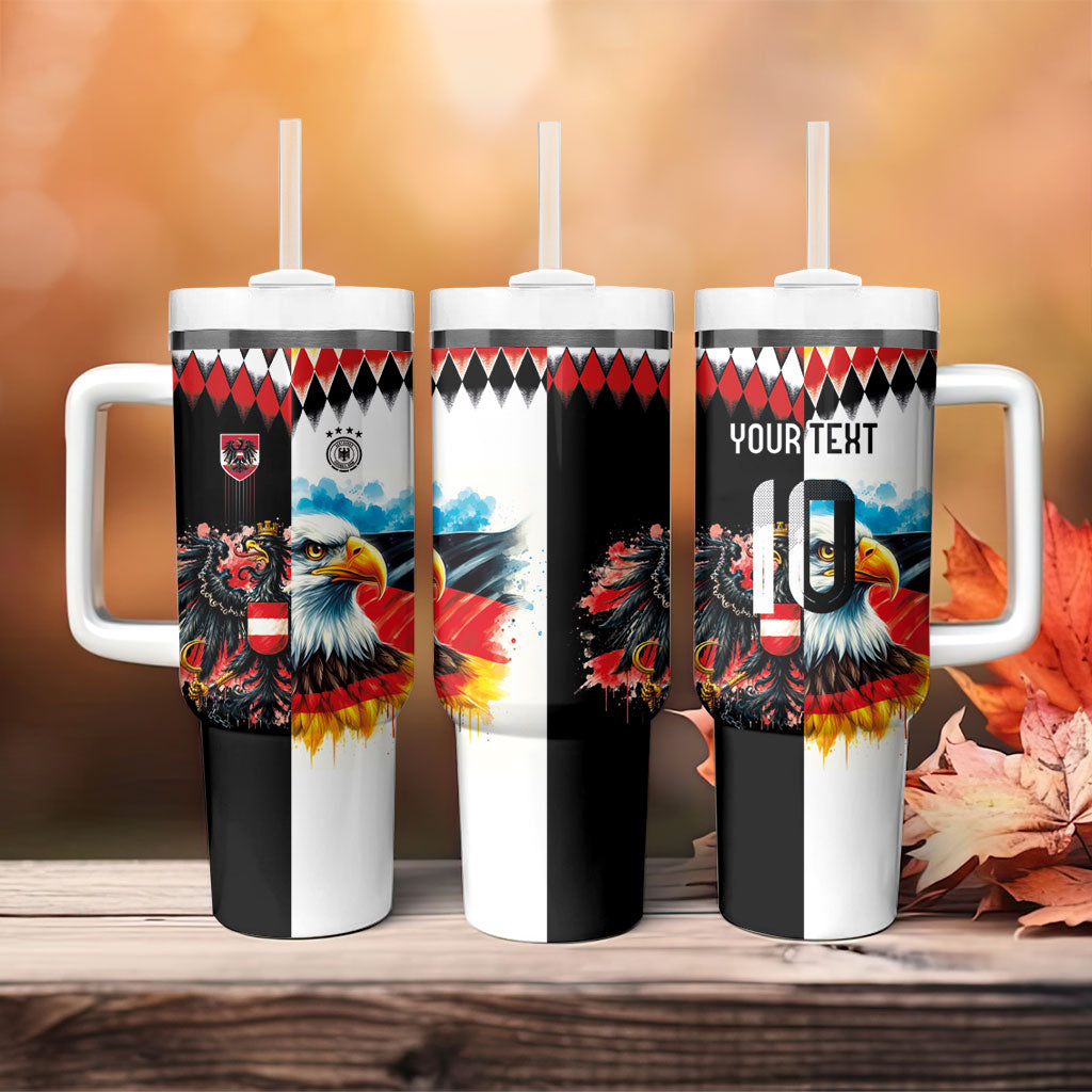 Custom Austria and Germany National Football Tumbler With Handle Split Half Diamond Argyle with Eagles Watercolor Paint Splash Art