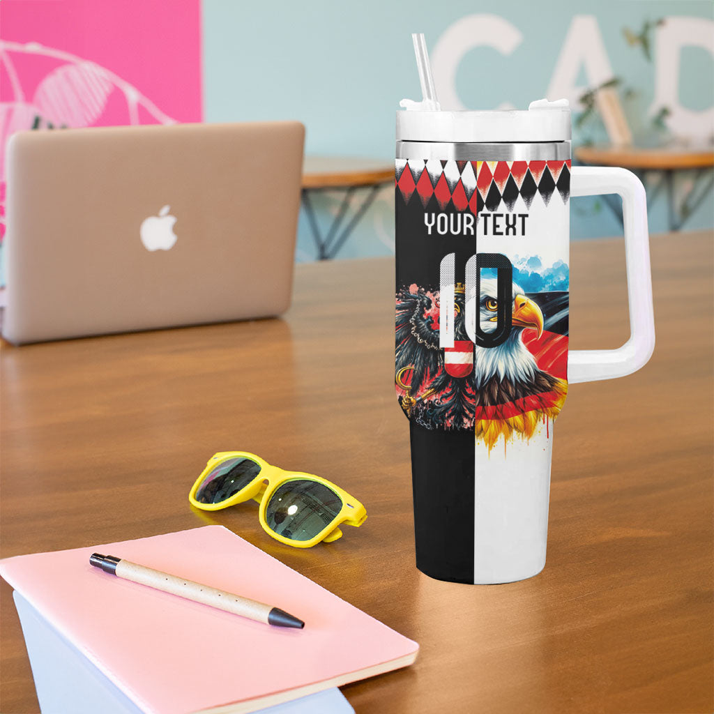 Custom Austria and Germany National Football Tumbler With Handle Split Half Diamond Argyle with Eagles Watercolor Paint Splash Art