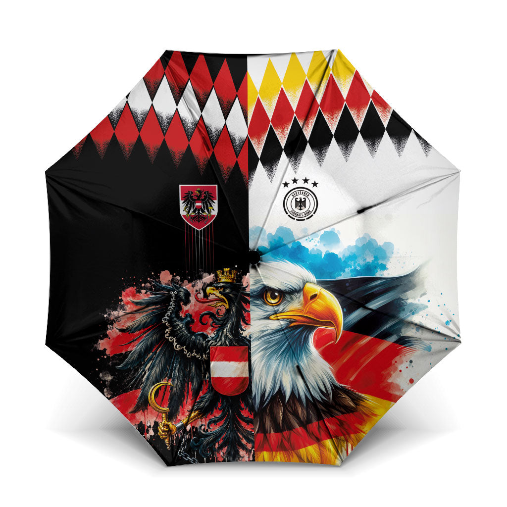 Austria and Germany National Football Umbrella Split Half Diamond Argyle with Eagles Watercolor Paint Splash Art