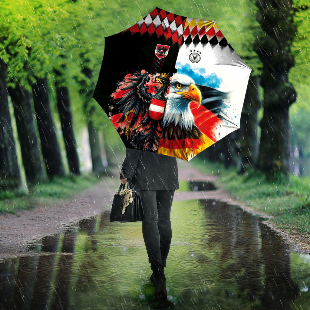 Austria and Germany National Football Umbrella Split Half Diamond Argyle with Eagles Watercolor Paint Splash Art