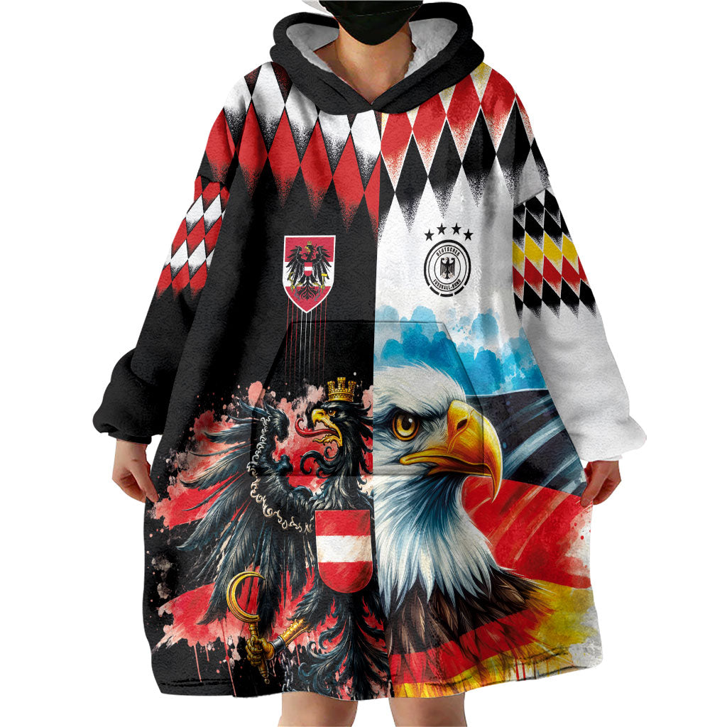 Custom Austria and Germany National Football Wearable Blanket Hoodie Split Half Diamond Argyle with Eagles Watercolor Paint Splash Art