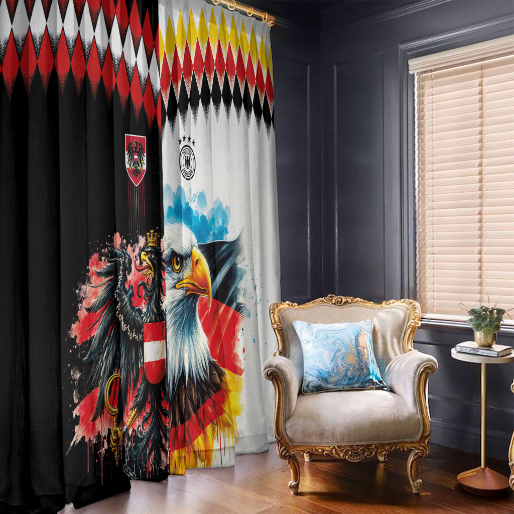 Austria and Germany National Football Window Curtain Split Half Diamond Argyle with Eagles Watercolor Paint Splash Art