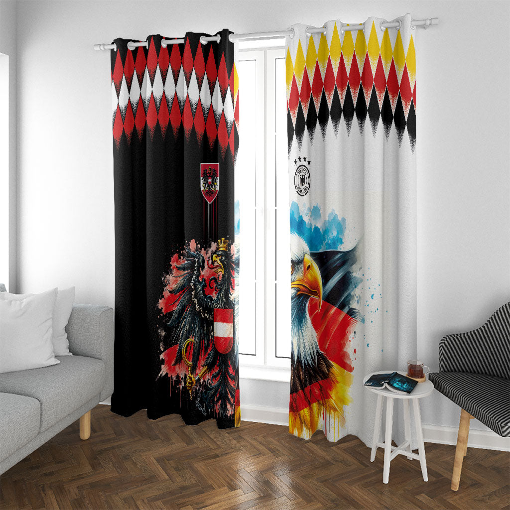 Austria and Germany National Football Window Curtain Split Half Diamond Argyle with Eagles Watercolor Paint Splash Art