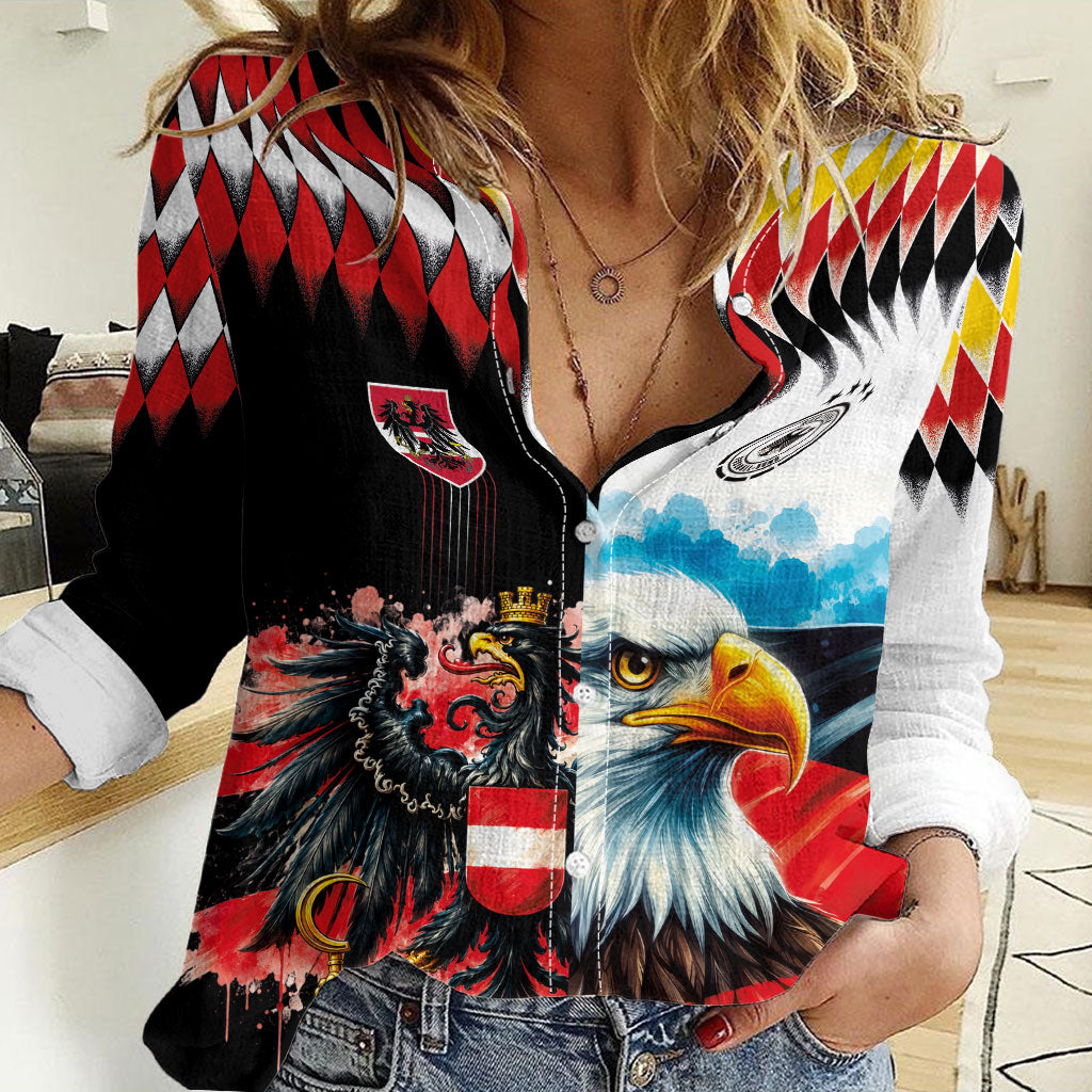 Custom Austria and Germany National Football Women Casual Shirt Split Half Diamond Argyle with Eagles Watercolor Paint Splash Art