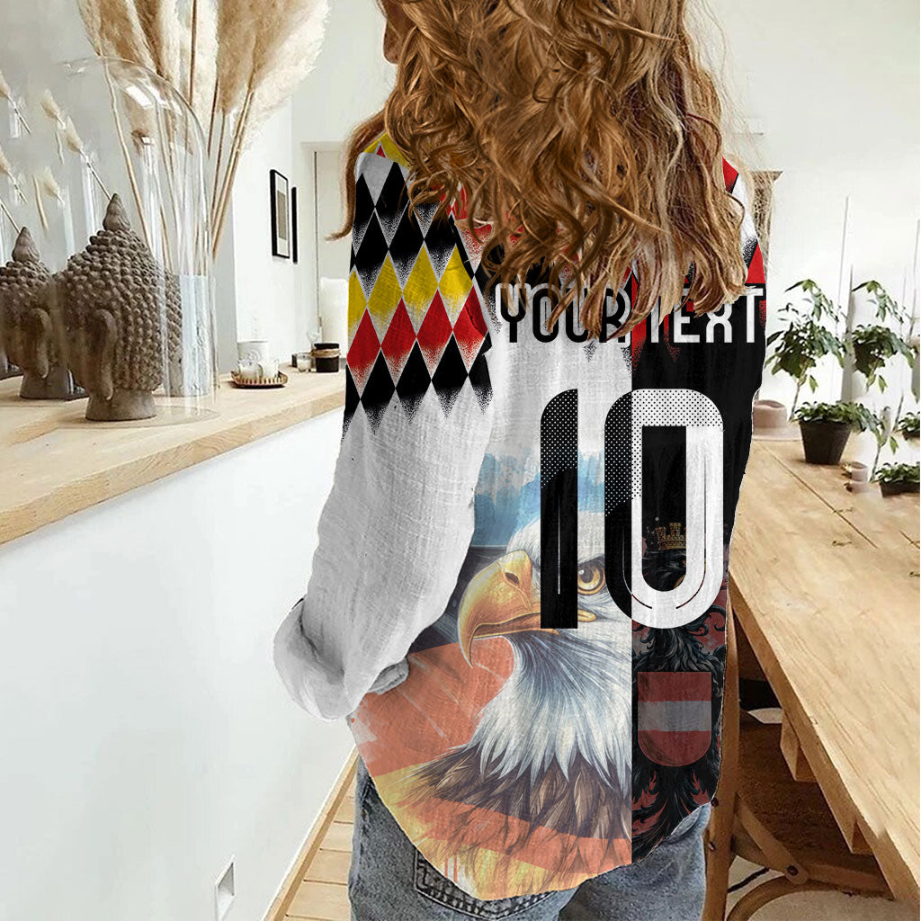 Custom Austria and Germany National Football Women Casual Shirt Split Half Diamond Argyle with Eagles Watercolor Paint Splash Art