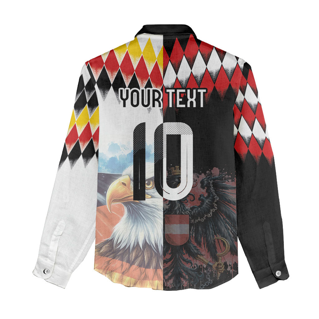 Custom Austria and Germany National Football Women Casual Shirt Split Half Diamond Argyle with Eagles Watercolor Paint Splash Art