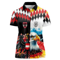 Custom Austria and Germany National Football Women Polo Shirt Split Half Diamond Argyle with Eagles Watercolor Paint Splash Art