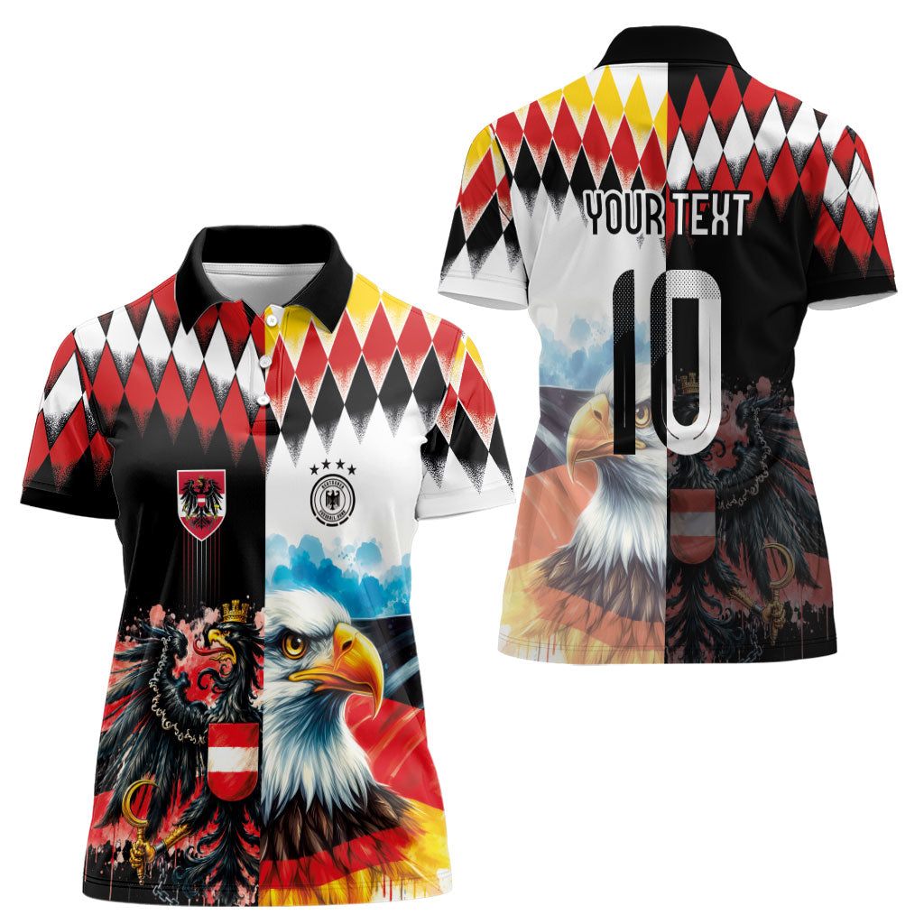 Custom Austria and Germany National Football Women Polo Shirt Split Half Diamond Argyle with Eagles Watercolor Paint Splash Art
