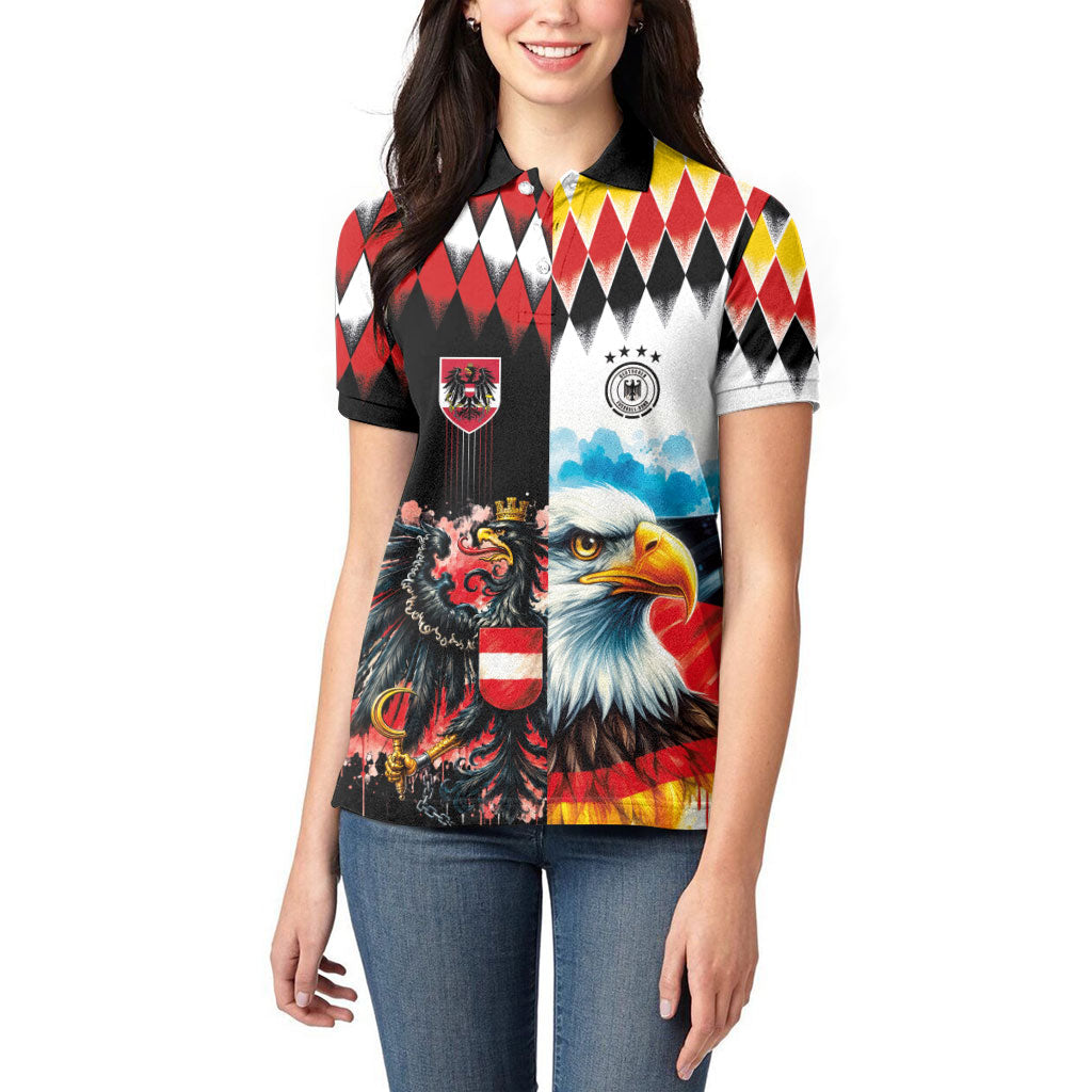 Custom Austria and Germany National Football Women Polo Shirt Split Half Diamond Argyle with Eagles Watercolor Paint Splash Art