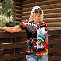 Custom Austria and Germany National Football Women Polo Shirt Split Half Diamond Argyle with Eagles Watercolor Paint Splash Art