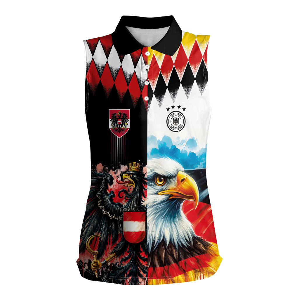 Custom Austria and Germany National Football Women Sleeveless Polo Shirt Split Half Diamond Argyle with Eagles Watercolor Paint Splash Art