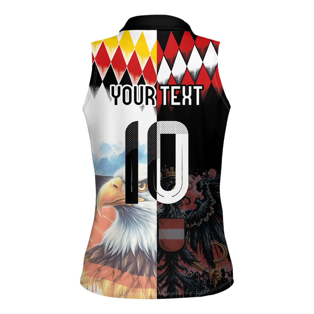 Custom Austria and Germany National Football Women Sleeveless Polo Shirt Split Half Diamond Argyle with Eagles Watercolor Paint Splash Art