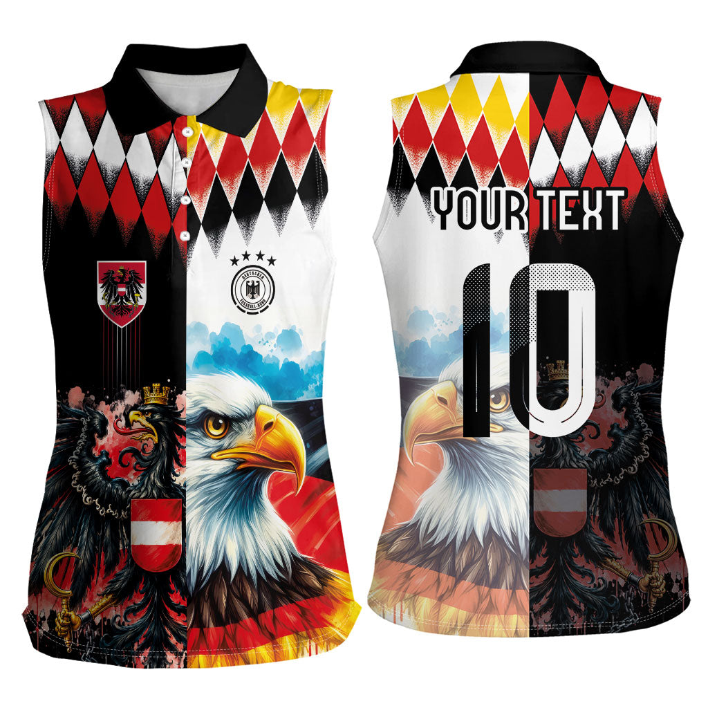 Custom Austria and Germany National Football Women Sleeveless Polo Shirt Split Half Diamond Argyle with Eagles Watercolor Paint Splash Art