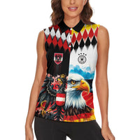 Custom Austria and Germany National Football Women Sleeveless Polo Shirt Split Half Diamond Argyle with Eagles Watercolor Paint Splash Art