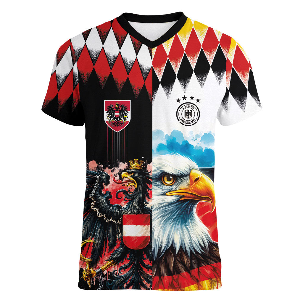Custom Austria and Germany National Football Women V-Neck T-Shirt Split Half Diamond Argyle with Eagles Watercolor Paint Splash Art