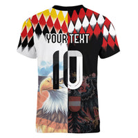 Custom Austria and Germany National Football Women V-Neck T-Shirt Split Half Diamond Argyle with Eagles Watercolor Paint Splash Art