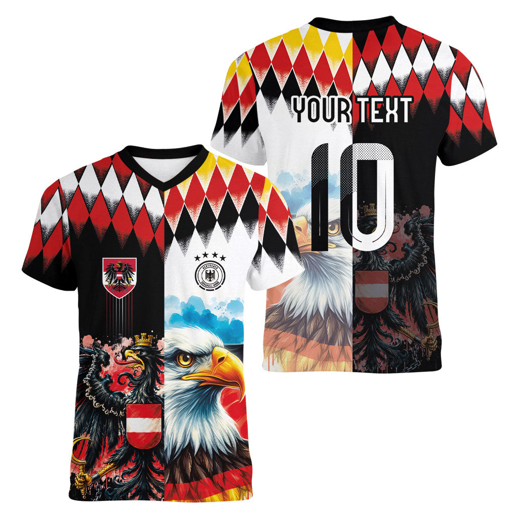 Custom Austria and Germany National Football Women V-Neck T-Shirt Split Half Diamond Argyle with Eagles Watercolor Paint Splash Art