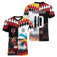 Custom Austria and Germany National Football Women V-Neck T-Shirt Split Half Diamond Argyle with Eagles Watercolor Paint Splash Art