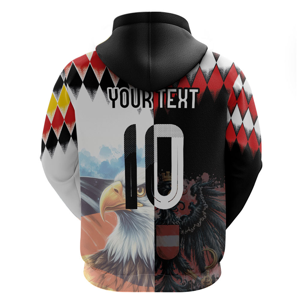 Custom Austria and Germany National Football Zip Hoodie Split Half Diamond Argyle with Eagles Watercolor Paint Splash Art