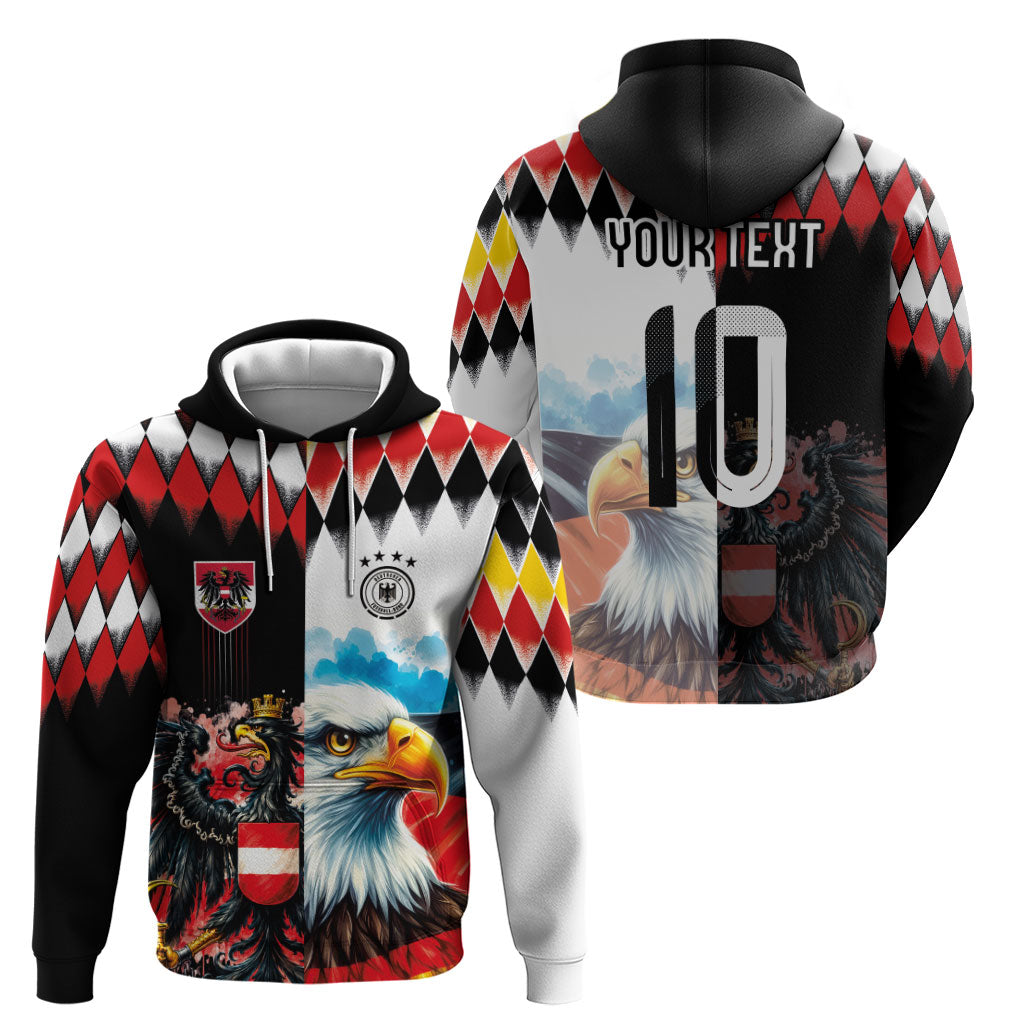 Custom Austria and Germany National Football Zip Hoodie Split Half Diamond Argyle with Eagles Watercolor Paint Splash Art