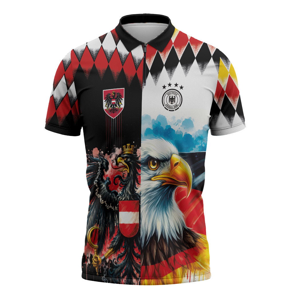 Custom Austria and Germany National Football Zipper Polo Shirt Split Half Diamond Argyle with Eagles Watercolor Paint Splash Art