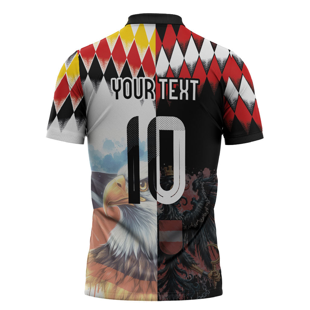 Custom Austria and Germany National Football Zipper Polo Shirt Split Half Diamond Argyle with Eagles Watercolor Paint Splash Art