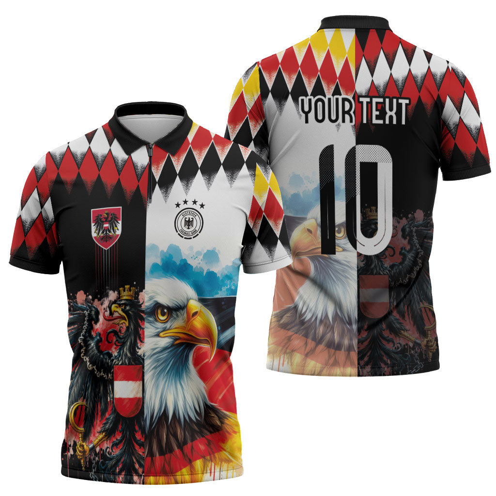 Custom Austria and Germany National Football Zipper Polo Shirt Split Half Diamond Argyle with Eagles Watercolor Paint Splash Art