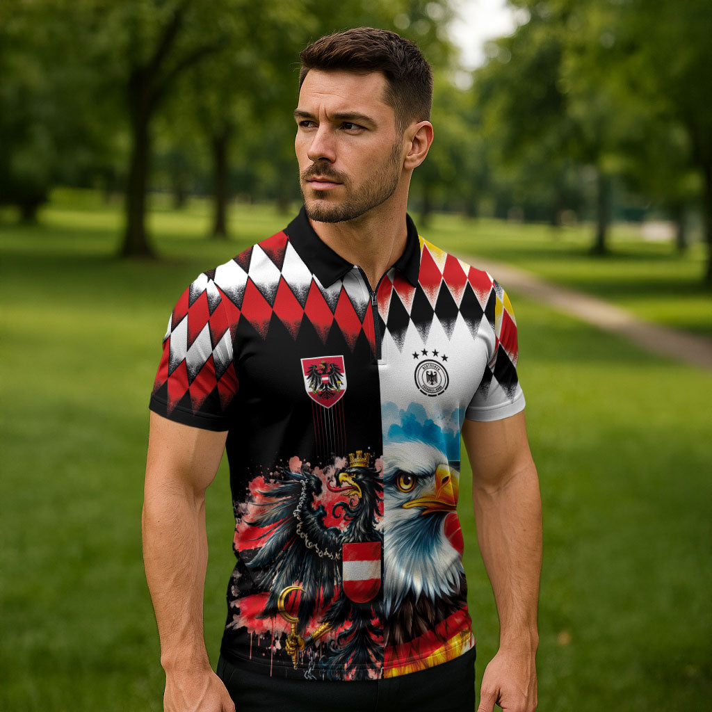 Custom Austria and Germany National Football Zipper Polo Shirt Split Half Diamond Argyle with Eagles Watercolor Paint Splash Art