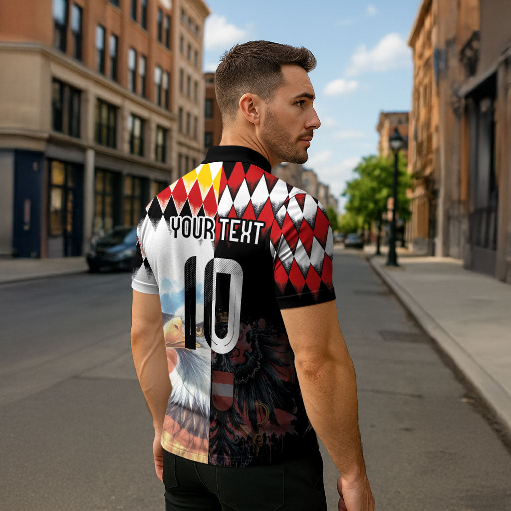 Custom Austria and Germany National Football Zipper Polo Shirt Split Half Diamond Argyle with Eagles Watercolor Paint Splash Art