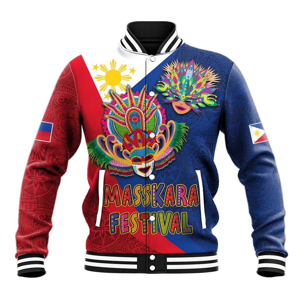 Philippines MassKara Baseball Jacket Filipino Carnival Mask and Polynesian Pattern - Wonder Print Shop