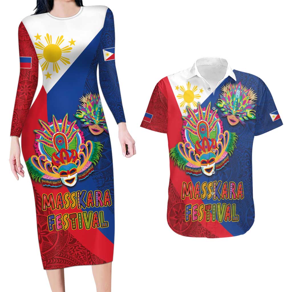 Philippines MassKara Couples Matching Long Sleeve Bodycon Dress and Hawaiian Shirt Filipino Carnival Mask and Polynesian Pattern - Wonder Print Shop