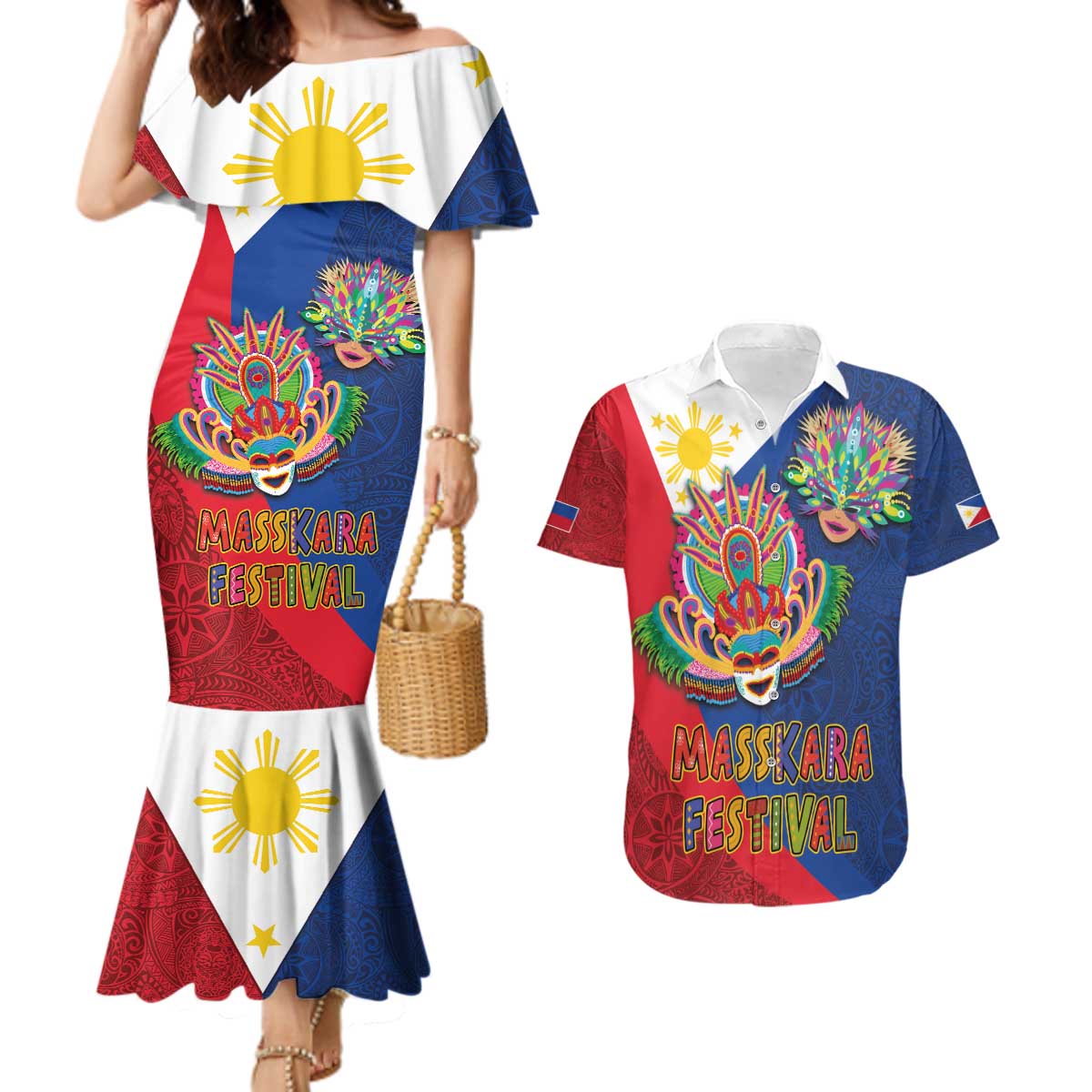 Philippines MassKara Couples Matching Mermaid Dress and Hawaiian Shirt Filipino Carnival Mask and Polynesian Pattern - Wonder Print Shop