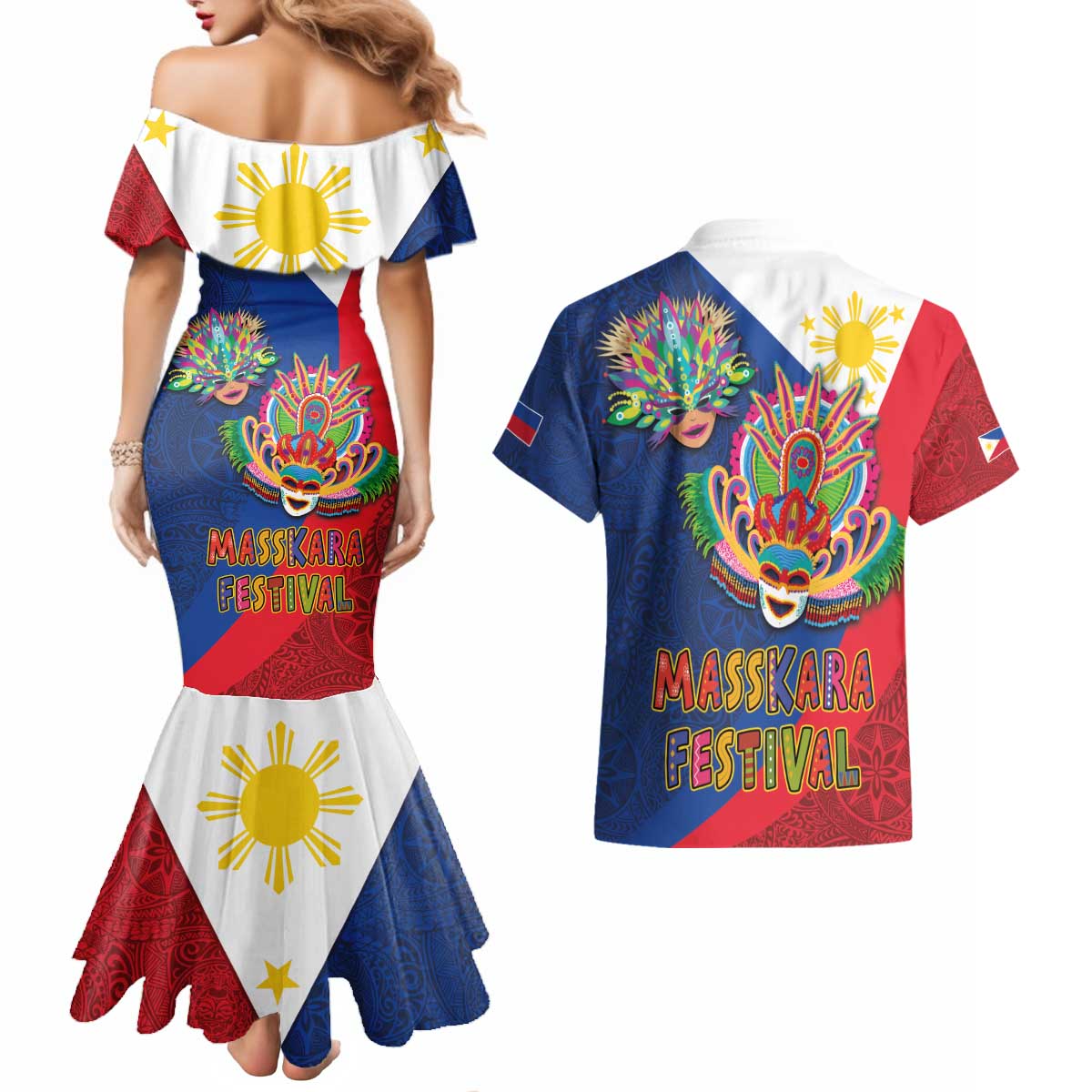 Philippines MassKara Couples Matching Mermaid Dress and Hawaiian Shirt Filipino Carnival Mask and Polynesian Pattern - Wonder Print Shop