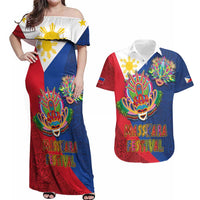 Philippines MassKara Couples Matching Off Shoulder Maxi Dress and Hawaiian Shirt Filipino Carnival Mask and Polynesian Pattern - Wonder Print Shop