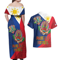Philippines MassKara Couples Matching Off Shoulder Maxi Dress and Hawaiian Shirt Filipino Carnival Mask and Polynesian Pattern - Wonder Print Shop