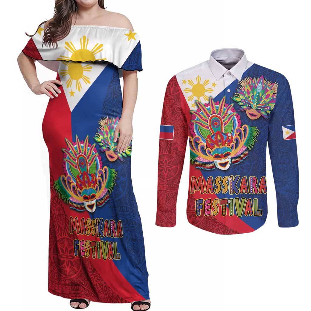 Philippines MassKara Couples Matching Off Shoulder Maxi Dress and Long Sleeve Button Shirt Filipino Carnival Mask and Polynesian Pattern - Wonder Print Shop