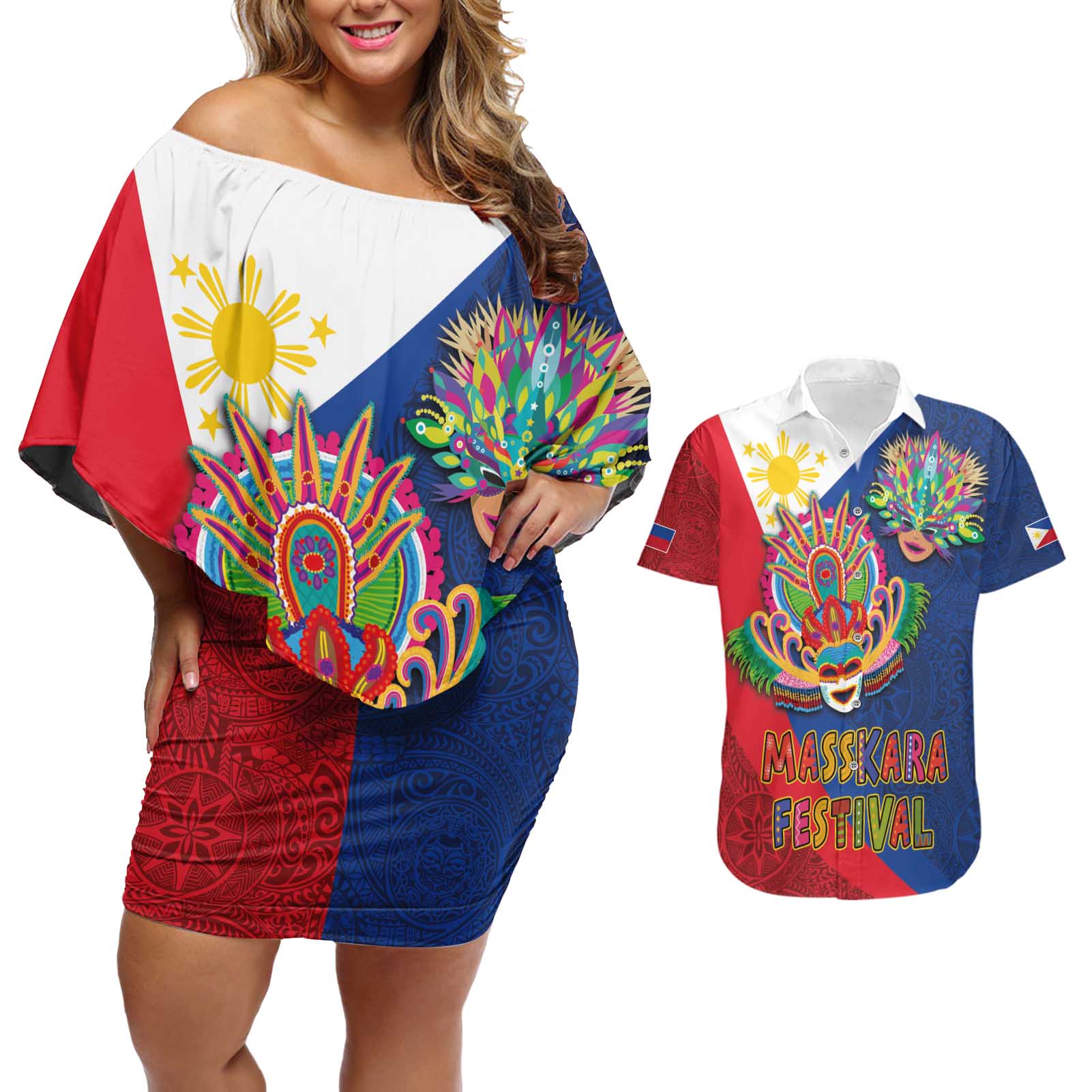 Philippines MassKara Couples Matching Off Shoulder Short Dress and Hawaiian Shirt Filipino Carnival Mask and Polynesian Pattern - Wonder Print Shop
