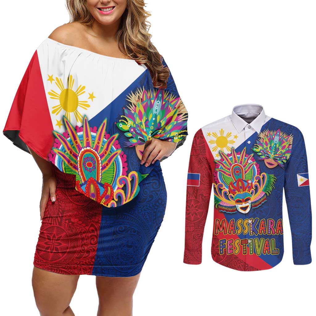 Philippines MassKara Couples Matching Off Shoulder Short Dress and Long Sleeve Button Shirt Filipino Carnival Mask and Polynesian Pattern - Wonder Print Shop