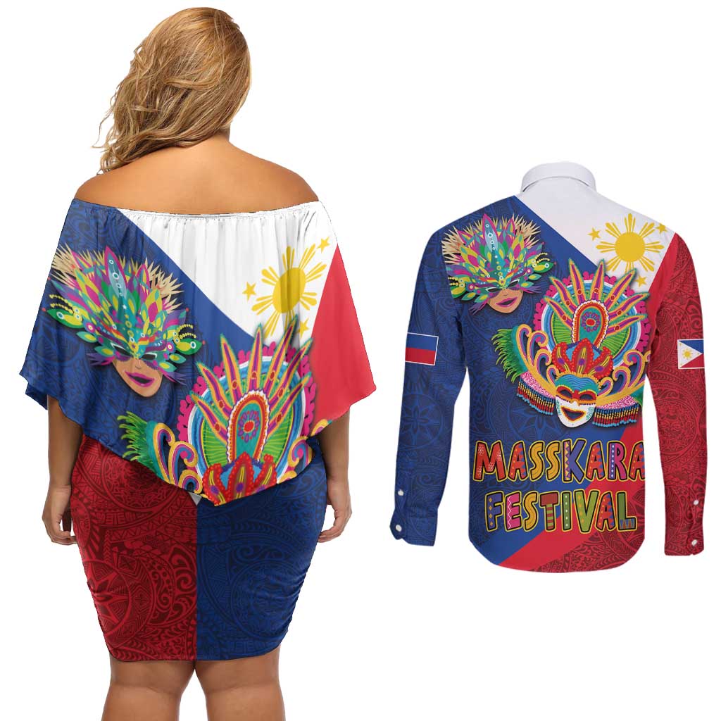 Philippines MassKara Couples Matching Off Shoulder Short Dress and Long Sleeve Button Shirt Filipino Carnival Mask and Polynesian Pattern - Wonder Print Shop