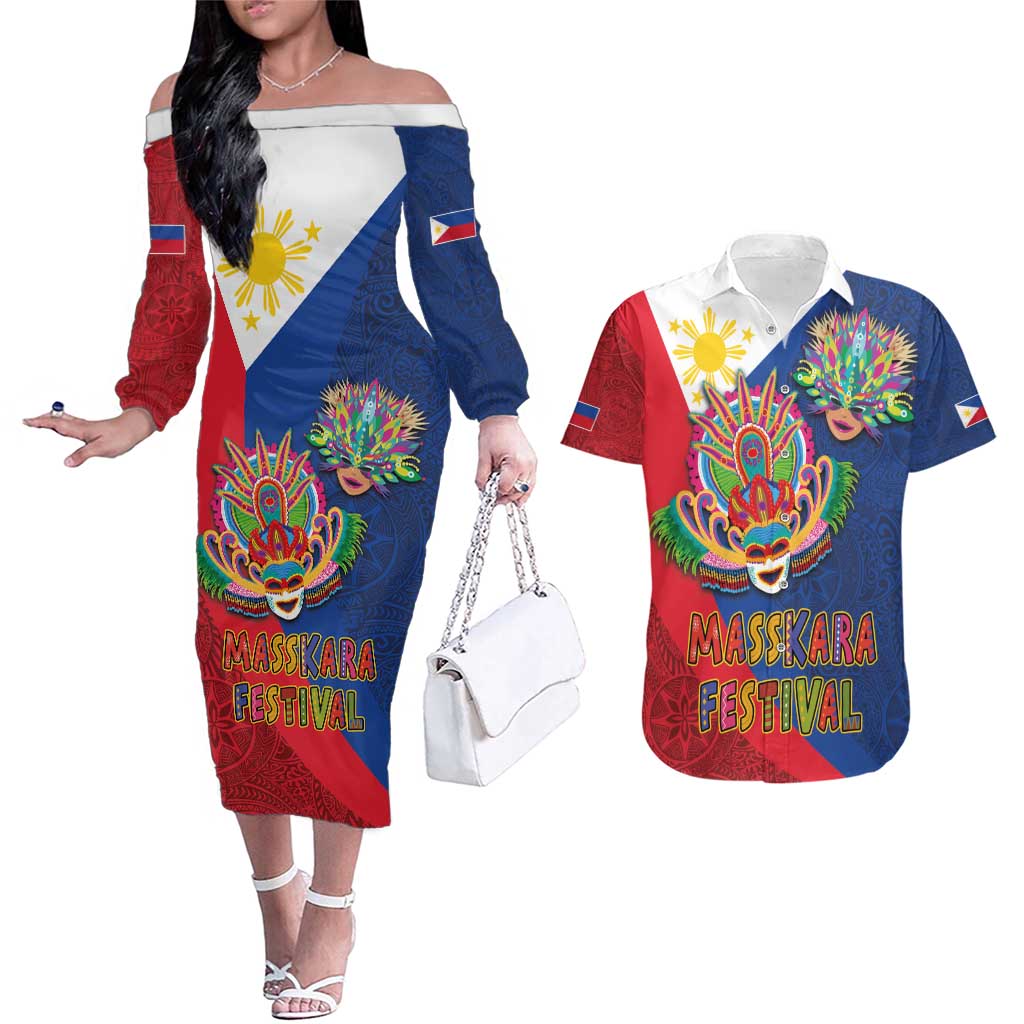 Philippines MassKara Couples Matching Off The Shoulder Long Sleeve Dress and Hawaiian Shirt Filipino Carnival Mask and Polynesian Pattern - Wonder Print Shop
