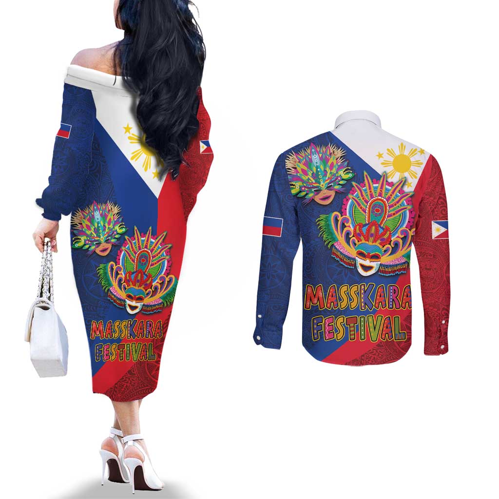 Philippines MassKara Couples Matching Off The Shoulder Long Sleeve Dress and Long Sleeve Button Shirt Filipino Carnival Mask and Polynesian Pattern