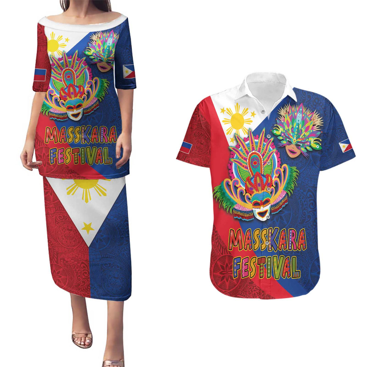 Philippines MassKara Couples Matching Puletasi and Hawaiian Shirt Filipino Carnival Mask and Polynesian Pattern - Wonder Print Shop