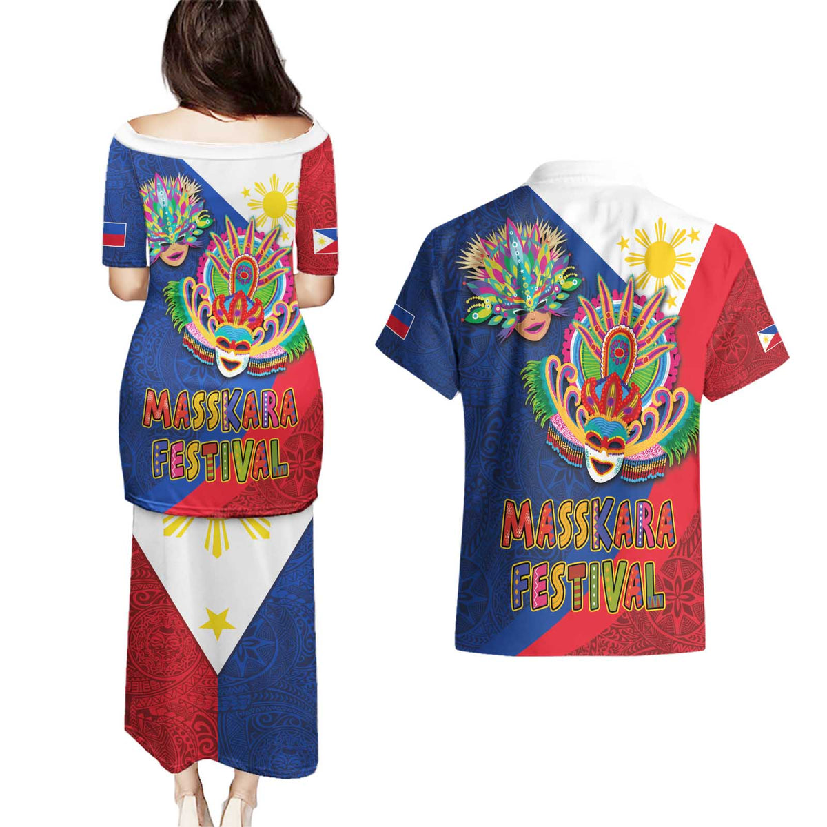 Philippines MassKara Couples Matching Puletasi and Hawaiian Shirt Filipino Carnival Mask and Polynesian Pattern - Wonder Print Shop