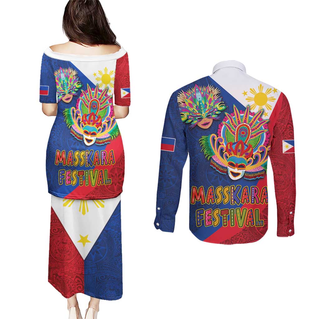 Philippines MassKara Couples Matching Puletasi and Long Sleeve Button Shirt Filipino Carnival Mask and Polynesian Pattern - Wonder Print Shop