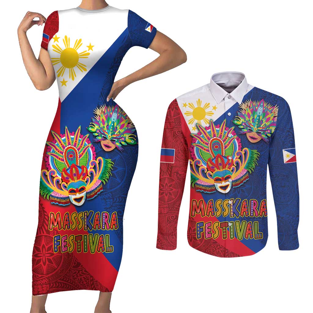 Philippines MassKara Couples Matching Short Sleeve Bodycon Dress and Long Sleeve Button Shirt Filipino Carnival Mask and Polynesian Pattern - Wonder Print Shop